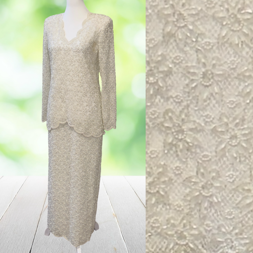 Vintage 80s LAURENCE KAZAR Hand Beaded Lace Maxi Sheath Gown White Size 8 Bridal